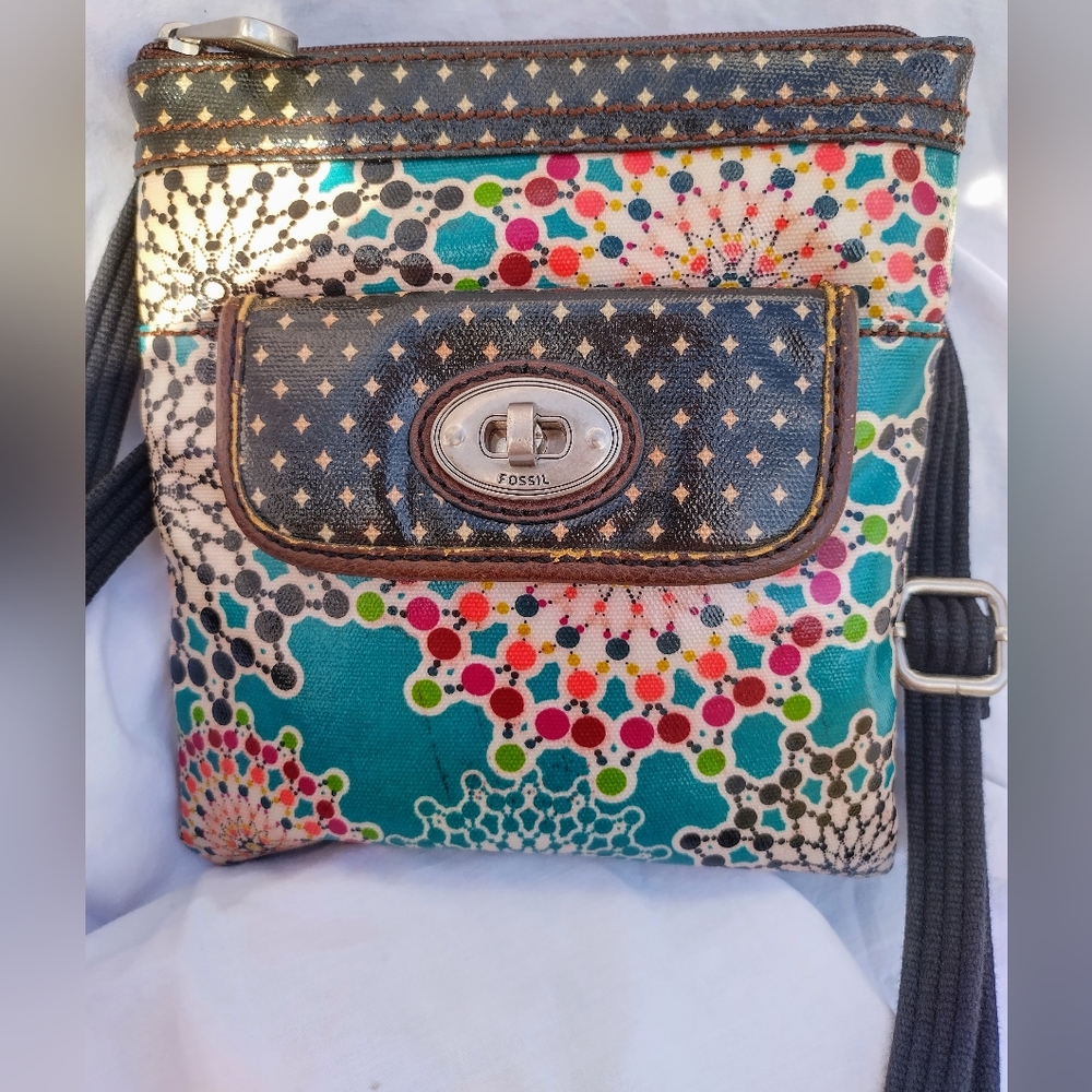 Unique Teal Fossil Spiral Canvas Long Live Vintage/ Key-per Crossbody Bag!